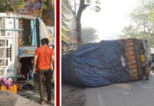 रांची में एक बड़ा सड़क हादसा टला, धन से लदा ट्रक पलटा