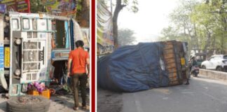 रांची में एक बड़ा सड़क हादसा टला, धन से लदा ट्रक पलटा
