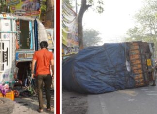 रांची में एक बड़ा सड़क हादसा टला, धन से लदा ट्रक पलटा
