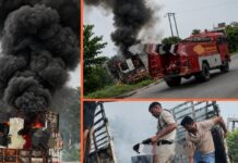 रांची के धुर्वा में चलते मालवाहक वाहन में लगी भीषण आग