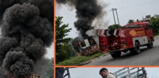 रांची के धुर्वा में चलते मालवाहक वाहन में लगी भीषण आग
