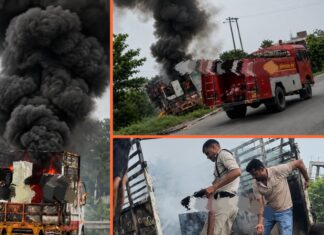 रांची के धुर्वा में चलते मालवाहक वाहन में लगी भीषण आग