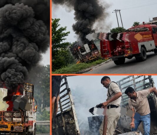 रांची के धुर्वा में चलते मालवाहक वाहन में लगी भीषण आग